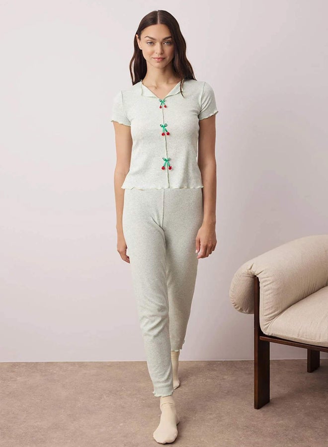 trendyol Mint Collar and Baby Overlock Detailed Cherry Accessories Ribbed Knitted Pajama Set - Image 3