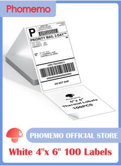 phomemo 4x6 Thermal Direct Shipping Label, 4''x 6'' Fan-Fold Labels, Compatible with Rollo, MUNBYN, Zebra, Fargo Label Printer, 1 Pack of 100 Labels (White)  - Image 1