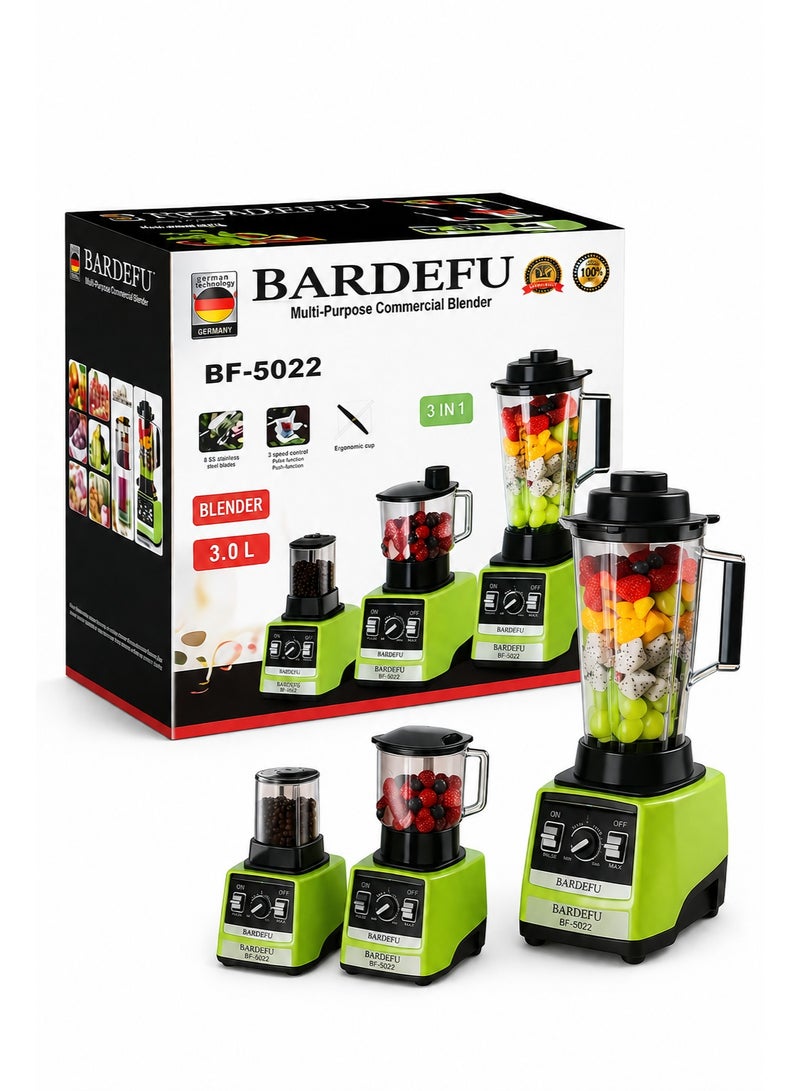 بارديفو خلاط تجاري BARDEFU طراز BF-5022 متعدد الوظائف (3 في 1): خلاط قوي للاستخدام الشاق بسعة 3.0 لتر يوضع على سطح العمل، مزود بأوعية للطحن والفرم، و8 شفرات من الفولاذ المقاوم للصدأ، وتحكم في السرعة عبر 3 مستويات مع خاصية النبض، باللون الأخضر. - Image 1
