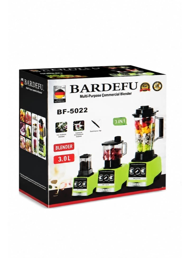 بارديفو خلاط تجاري BARDEFU طراز BF-5022 متعدد الوظائف (3 في 1): خلاط قوي للاستخدام الشاق بسعة 3.0 لتر يوضع على سطح العمل، مزود بأوعية للطحن والفرم، و8 شفرات من الفولاذ المقاوم للصدأ، وتحكم في السرعة عبر 3 مستويات مع خاصية النبض، باللون الأخضر. - Image 3