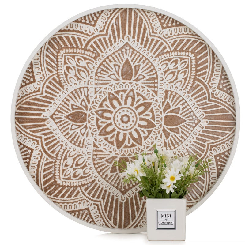 Hanobe Large Round Decorative Tray Boho Coffee Table Trays Centerpiece for Home Decor  Farmhouse White Washed Rustic Serving for Women Kitchen Counter Ottoman