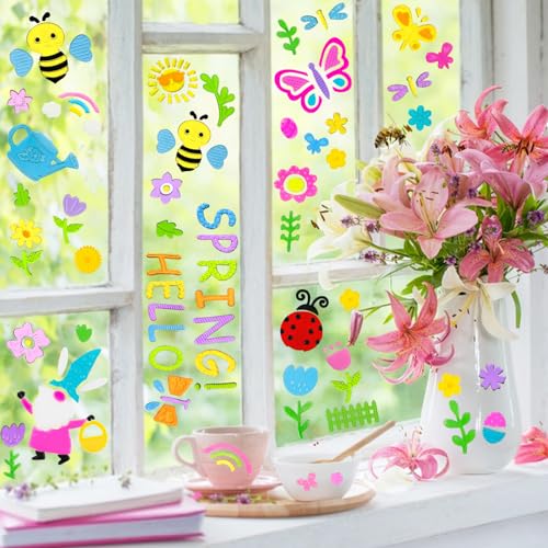 HOHUCRAB 6 Sheets Spring Gel Window Clings,Hello Springs, Flowers, Butterfly Bees, Birds for Spring Decorations, Easter Window Clings Holiday Party Decorations - Image 2