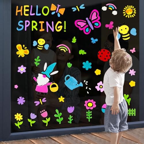 HOHUCRAB 6 Sheets Spring Gel Window Clings,Hello Springs, Flowers, Butterfly Bees, Birds for Spring Decorations, Easter Window Clings Holiday Party Decorations - Image 3
