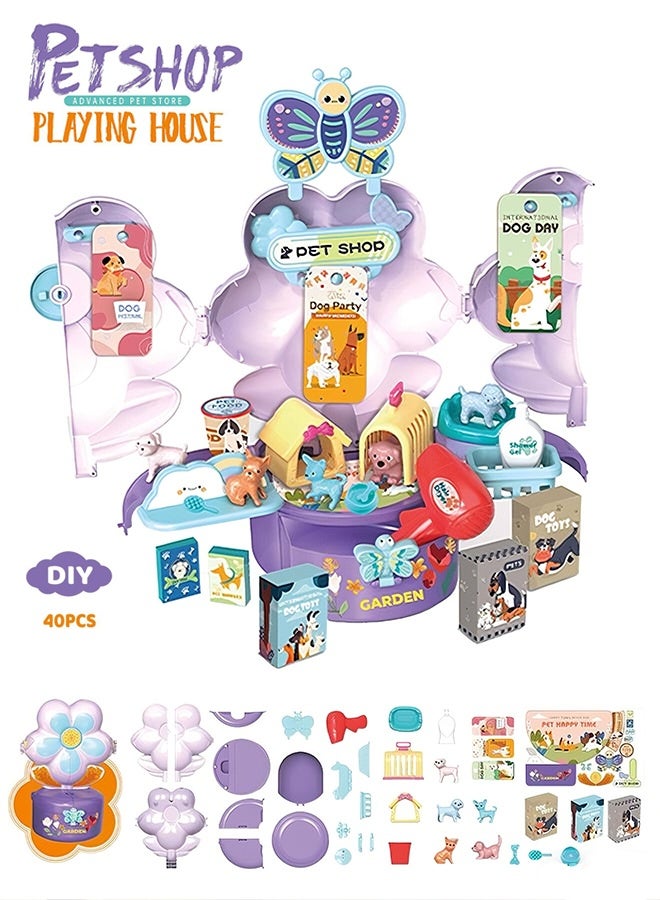 Pretend Toys Pet Set, Pet Grooming Playset  with Portable Animal Feeding & Care Kit, House Play Set  Flower Shaped Game House, Learning Toys Pretend Toys Pet Set with realistic Puppies, Pretend Game Toys, Multifunctional Children's Toy Tables,Preschool Educational Fine Motor Skills for 3 4 5 6 Years Old Boys Girls - Image 1