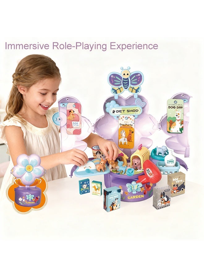 Pretend Toys Pet Set, Pet Grooming Playset  with Portable Animal Feeding & Care Kit, House Play Set  Flower Shaped Game House, Learning Toys Pretend Toys Pet Set with realistic Puppies, Pretend Game Toys, Multifunctional Children's Toy Tables,Preschool Educational Fine Motor Skills for 3 4 5 6 Years Old Boys Girls - Image 4