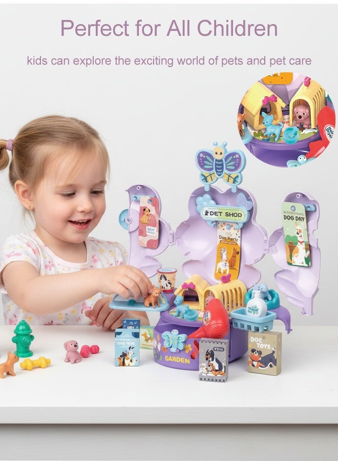 Pretend Toys Pet Set, Pet Grooming Playset  with Portable Animal Feeding & Care Kit, House Play Set  Flower Shaped Game House, Learning Toys Pretend Toys Pet Set with realistic Puppies, Pretend Game Toys, Multifunctional Children's Toy Tables,Preschool Educational Fine Motor Skills for 3 4 5 6 Years Old Boys Girls - Image 3