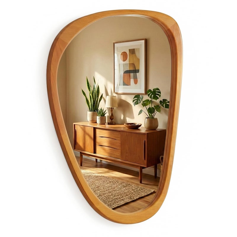 Pocetry Irregular Asymmetrical Wall Mirror 30"Ã—20" with Solid Wood Frame, Organic Mid-Century Modern Decorative Wall Mirror for Bedroom, Bathroom & Entryway - Image 1