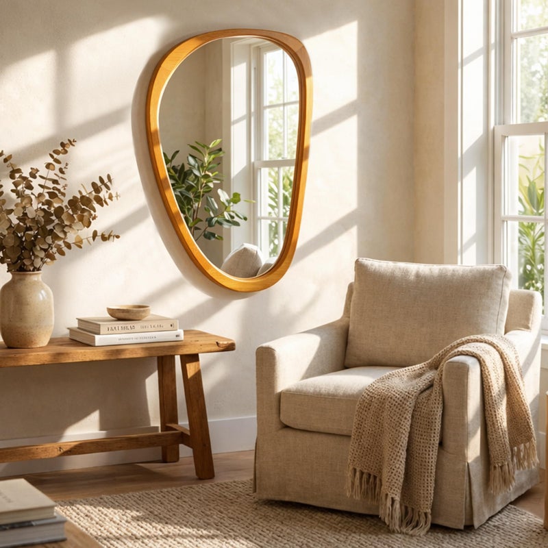 Pocetry Irregular Asymmetrical Wall Mirror 30"Ã—20" with Solid Wood Frame, Organic Mid-Century Modern Decorative Wall Mirror for Bedroom, Bathroom & Entryway - Image 3