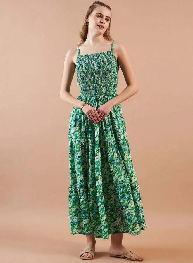 Women Fit and Flared Ditsy Printed Square Neck Sleeveless Tiered Dress