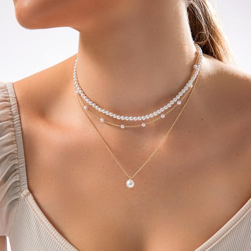 Zeffy Layered Gold Pearl Necklaces for Women 14K Gold Plated Dainty Layered Tiny Single Pearl Choker Trendy Cute Gold Necklace Stack Wedding Jewelry Sets for Women Bridesmaid Gifts - Image 2