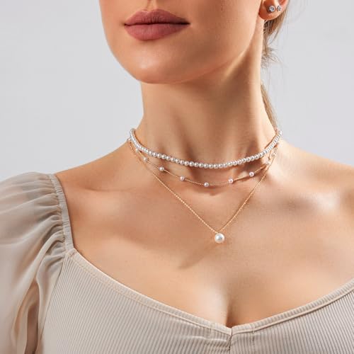 Zeffy Layered Gold Pearl Necklaces for Women 14K Gold Plated Dainty Layered Tiny Single Pearl Choker Trendy Cute Gold Necklace Stack Wedding Jewelry Sets for Women Bridesmaid Gifts - Image 3