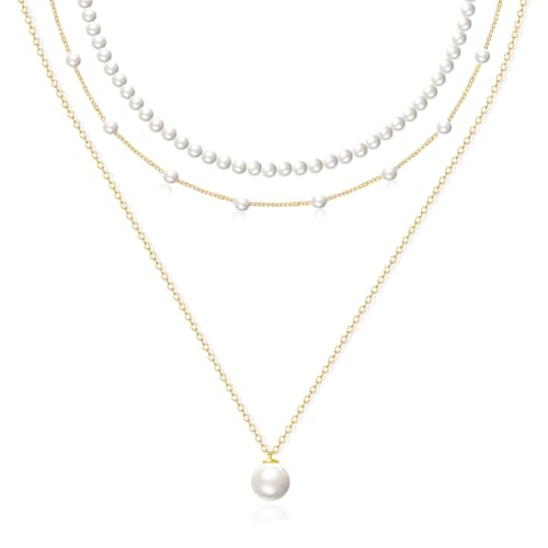 Zeffy Layered Gold Pearl Necklaces for Women 14K Gold Plated Dainty Layered Tiny Single Pearl Choker Trendy Cute Gold Necklace Stack Wedding Jewelry Sets for Women Bridesmaid Gifts - Image 1