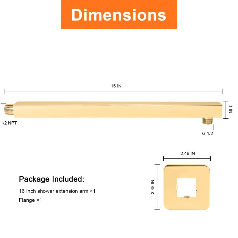 HarJue Shower Arm, Rain Shower Head Extension Extender, With Flange and Teflon Tape, Made of Thicken Stainless Steel for Bathroom Rainfall Shower (16 Inch, Chrome Gold) - Image 2
