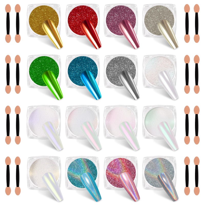 SIUSIO 16 Jars Chrome Nail Powder Nail Art Glitter Decoration Metallic Mirror Effect Holographic Aurora Pearl Mermaid White Pigment Powder Kit for Resin Craft Nail Art - Aurora Phantom - Image 1