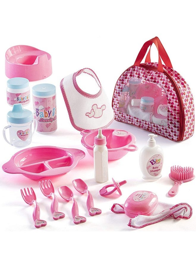 Prextex PREXTEX 18-Piece Baby Doll Accessories Set with Carrying Case - Includes Bottle, Sippy Cup, Pacifier, Bib, Hair Brush, Plates and More, Perfect for Kids, Toddlers, and Girls  - Image 1
