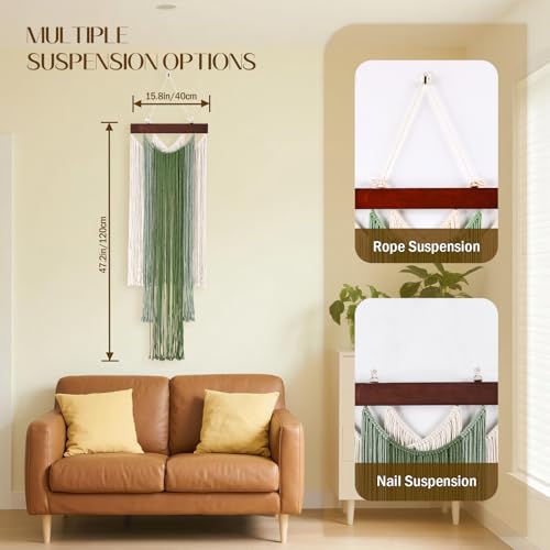 iHUFeather Macrame Wall Hanging Boho Wall Tapestry, Handmade Woven Wall Art for Living Room Bedroom Bohemian Home Decor 47.2" L x 15.7" W（ Green ） - Image 5
