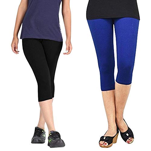 FEELBLUE Premium Cotton Strachable Women's Casual/Gym/Sports 3/4th Capri,Combo Pack,Free Size Black-Royal - Image 5