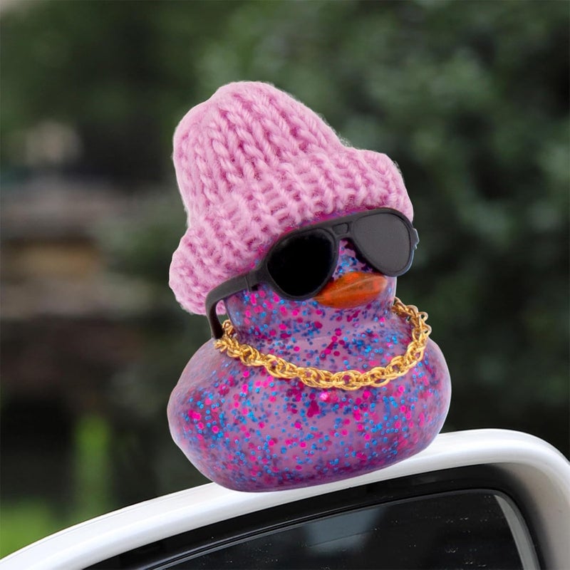 wonuu Car Dashboard Glitter Rubber Ducks, Festival Decorations Rubber Ducky for Car Ornament Cute Duck with Knit Hat, Glasses, Necklace, Purple Fine detail - Image 2