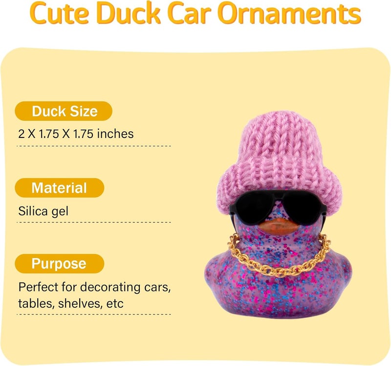 wonuu Car Dashboard Glitter Rubber Ducks, Festival Decorations Rubber Ducky for Car Ornament Cute Duck with Knit Hat, Glasses, Necklace, Purple Fine detail - Image 3