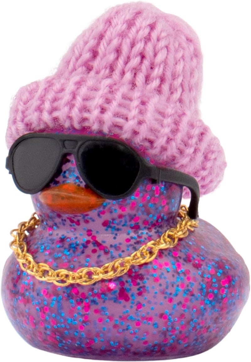 wonuu Car Dashboard Glitter Rubber Ducks, Festival Decorations Rubber Ducky for Car Ornament Cute Duck with Knit Hat, Glasses, Necklace, Purple Fine detail - Image 1