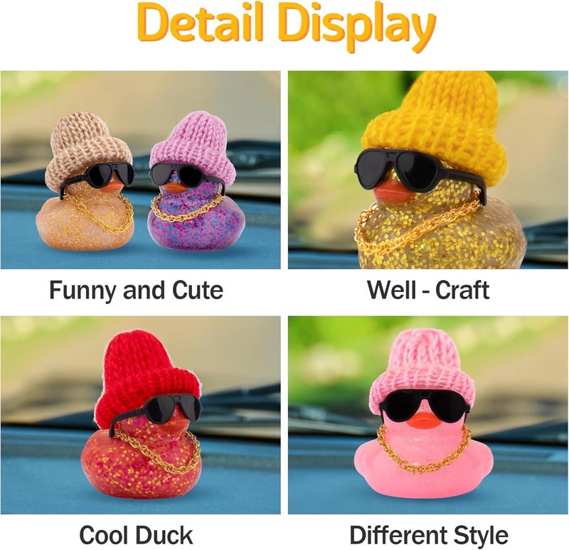 wonuu Car Dashboard Glitter Rubber Ducks, Festival Decorations Rubber Ducky for Car Ornament Cute Duck with Knit Hat, Glasses, Necklace, Purple Fine detail - Image 4