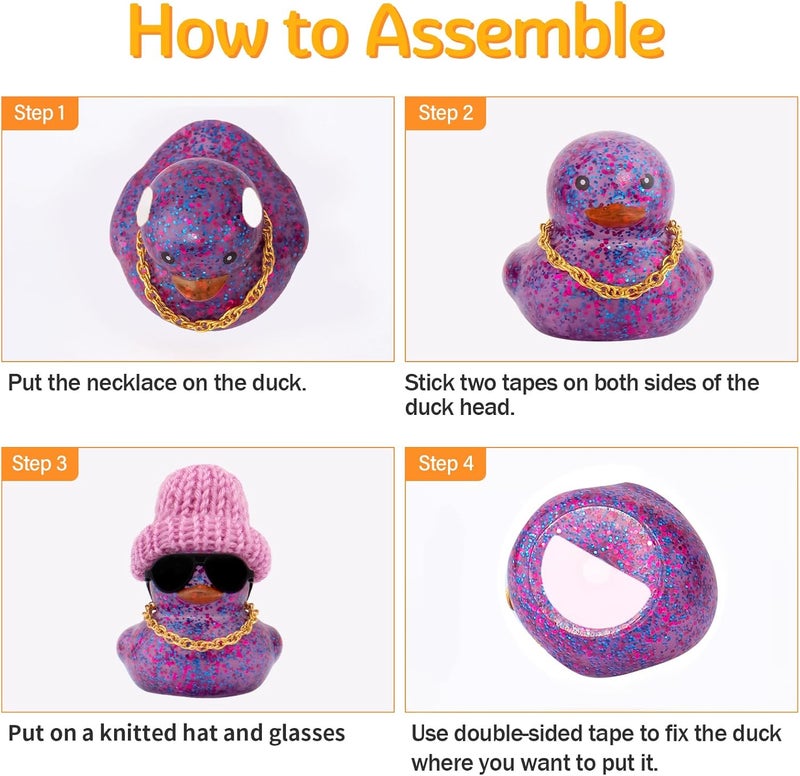 wonuu Car Dashboard Glitter Rubber Ducks, Festival Decorations Rubber Ducky for Car Ornament Cute Duck with Knit Hat, Glasses, Necklace, Purple Fine detail - Image 5