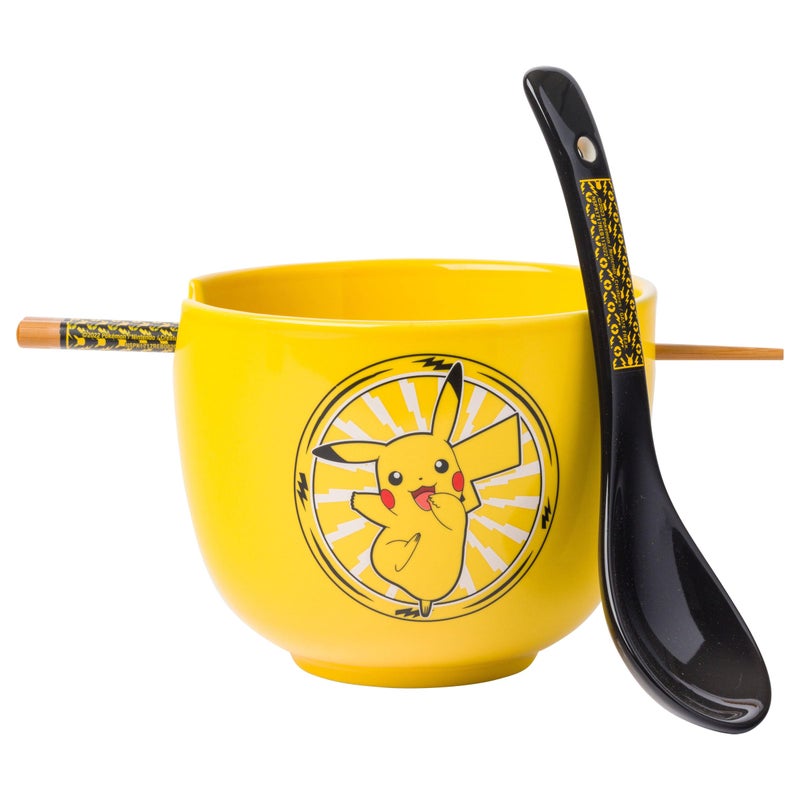 Silver Buffalo Silver Buffalo Pokemon Pikachu Electric Ceramic Ramen Noodle Rice Bowl with Chopsticks and Spoon  Microwave Safe  20 Ounces  - Image 1