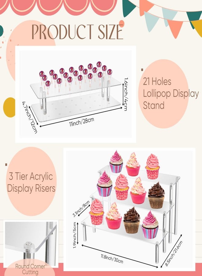 FillTouch 10 Pcs Dessert Table Display Set Including Cupcake Stand Holder Tier Tower, Serving Tray Combo, 21 Holes Lollipop Display Stand, Donut Bagel Stand, 3 Tier Large Shelf Risers, Food Clip - Image 2