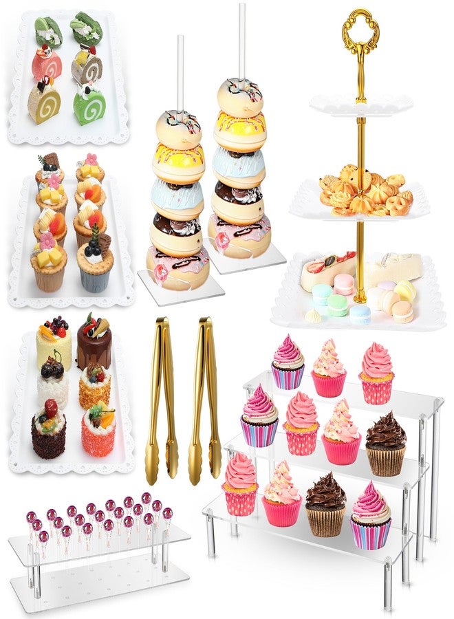 FillTouch 10 Pcs Dessert Table Display Set Including Cupcake Stand Holder Tier Tower, Serving Tray Combo, 21 Holes Lollipop Display Stand, Donut Bagel Stand, 3 Tier Large Shelf Risers, Food Clip - Image 1