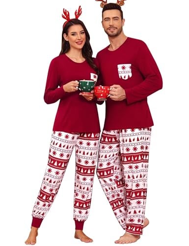 YOZLY Couples Matching Pajamas Sets Family Christmas Plaid Pajamas for Men Women Festival Party Pjs Set Wine Red Tree Large Men - Image 1