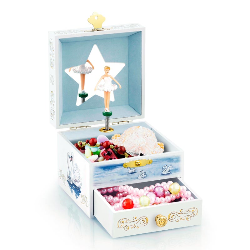 RR ROUND RICH DESIGN Kids Musical Jewelry Box with Drawer and Pretty Jewelry Set with Elegant Ballet Girl Theme - Swan Lake Tune White - Image 3