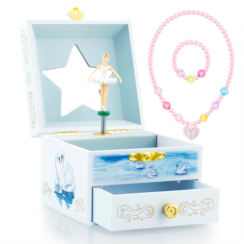 RR ROUND RICH DESIGN Kids Musical Jewelry Box with Drawer and Pretty Jewelry Set with Elegant Ballet Girl Theme - Swan Lake Tune White - Image 1
