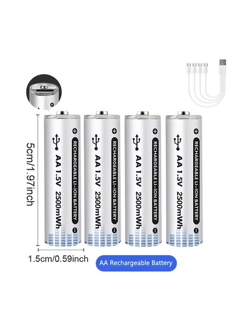 4-Pack USB AA Lithium ion Rechargeable Battery, High Capacity 1.5V 2500mWh Rechargeable AA Battery, Cycle With Type C Port Cable, Constant Output
