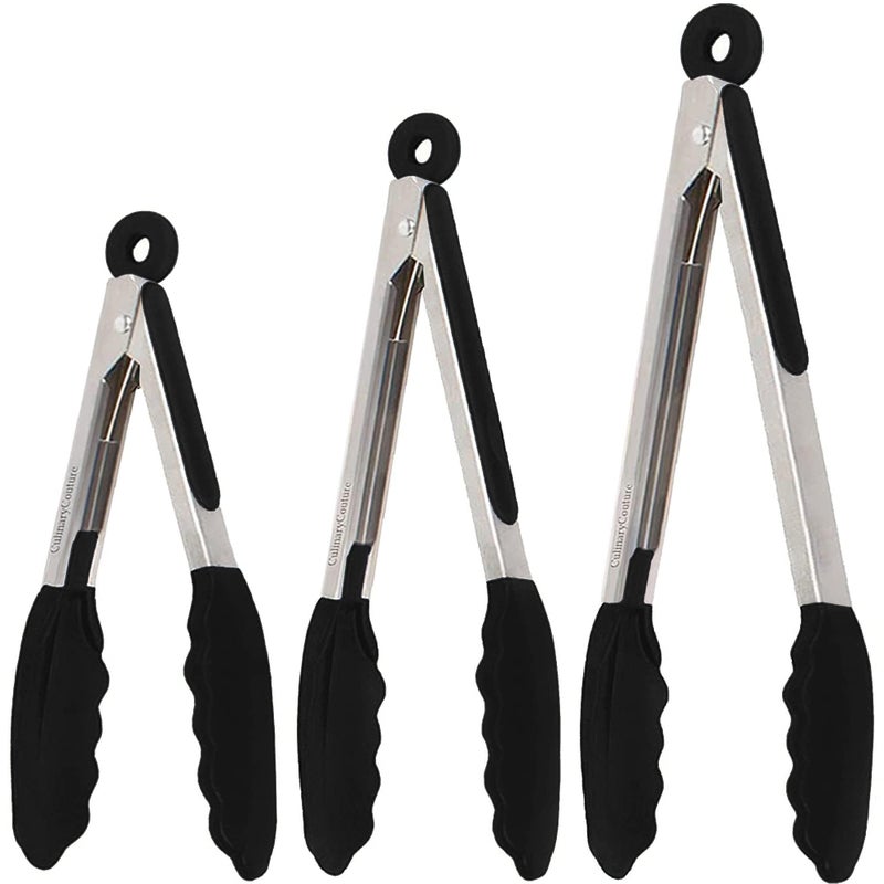 Culinary Couture Kitchen Tongs for Cooking with Silicone Tips Heat Resistant Tongs for Serving Food 7Inch 9Inch 12Inch Locking Silicone Tong Set of 3 Salad Tong Black Kitchen Utensils 