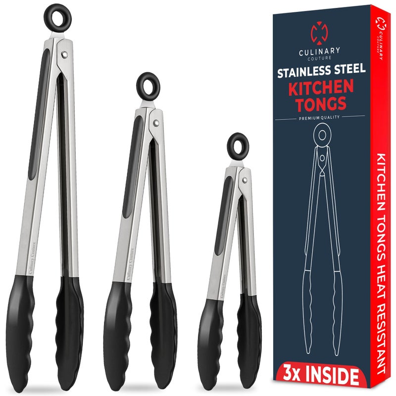 Kitchen Tongs for Cooking with Silicone Tips Heat Resistant Tongs for Serving Food 7Inch 9Inch 12Inch Locking Silicone Tong Set of 3 Salad Tong Black Kitchen Utensils