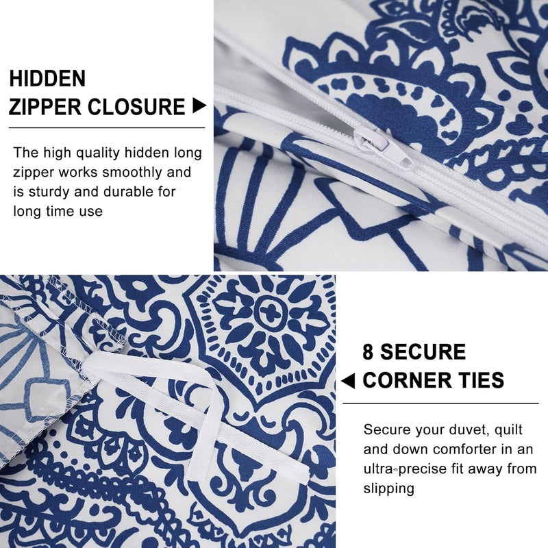 PHF غطاء لحاف بيزلي فائق النعومة بحجم كوين، مجموعة بياضات مطبوعة 3 قطع، مجموعة غطاء لحاف بنمط مريح على طراز المزرعة مع 2 غطاء وسادة، إغلاق بسحاب و 8 روابط، 90"x90"، أزرق ملكي وأبيض - Image 5