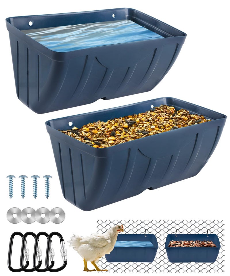 HamyHo Chicken Feeders 2 Pack Duck Feeders and Waterers Hanging Poultry Water Feeder Livestock Fence Feeder Feed Trough and Waterer Bucket with Clips Blue - Image 2