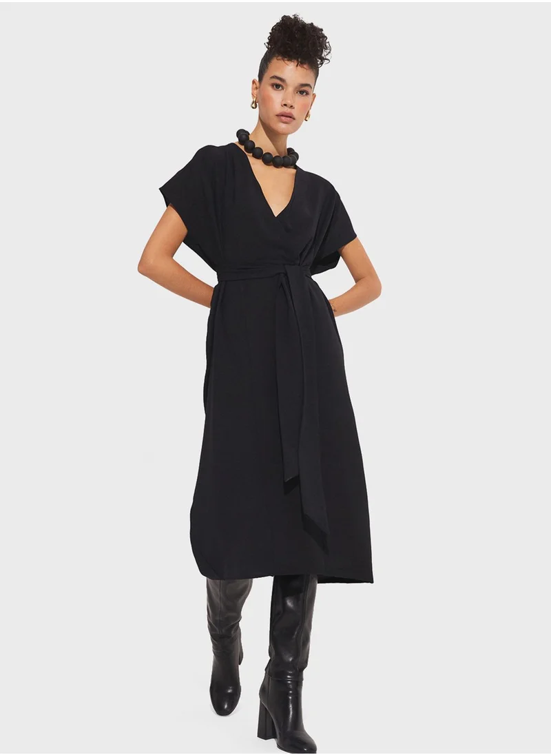 JUNE Surplice Neck Belted Dress