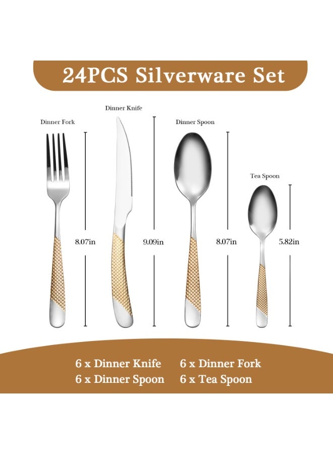 دوغي طقم أدوات مائدة من 24 قطعة من الفولاذ المقاوم للصدأ المطروق بالذهب، طقم أدوات مائدة من الفولاذ المقاوم للصدأ بدرجة الغذاء الفاخرة، تصميم فاخر وأدوات مائدة مصقولة كالمرآة، طقم أدوات للأكل مع شوكة وسكين وملعقة - Image 2