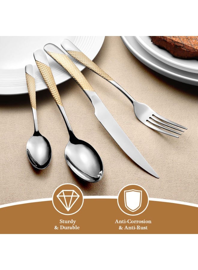 دوغي طقم أدوات مائدة من 24 قطعة من الفولاذ المقاوم للصدأ المطروق بالذهب، طقم أدوات مائدة من الفولاذ المقاوم للصدأ بدرجة الغذاء الفاخرة، تصميم فاخر وأدوات مائدة مصقولة كالمرآة، طقم أدوات للأكل مع شوكة وسكين وملعقة - Image 3