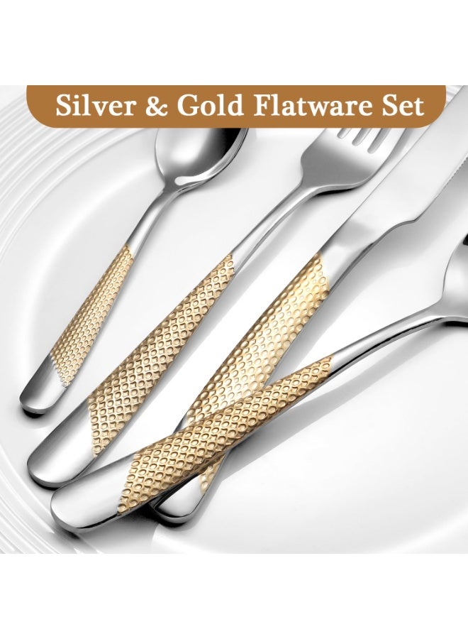 دوغي طقم أدوات مائدة من 24 قطعة من الفولاذ المقاوم للصدأ المطروق بالذهب، طقم أدوات مائدة من الفولاذ المقاوم للصدأ بدرجة الغذاء الفاخرة، تصميم فاخر وأدوات مائدة مصقولة كالمرآة، طقم أدوات للأكل مع شوكة وسكين وملعقة - Image 4