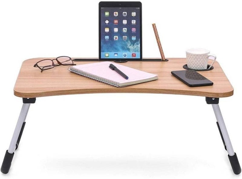 YAJNAS Wooden Multipurpose Foldable Laptop Table with Cup Tab Holder Table Holder Study Table Breakfast Table Foldable Portable Table Color Beige - Image 3