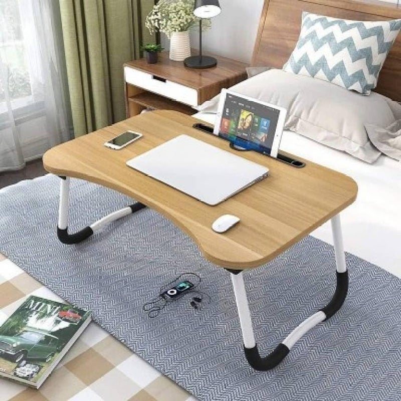 YAJNAS Wooden Multipurpose Foldable Laptop Table with Cup Tab Holder Table Holder Study Table Breakfast Table Foldable Portable Table Color Beige - Image 1