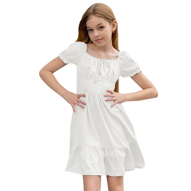 Simplee kids Girls Dresses Off The Shoulder Girl Summer Dress Tween Smocked Ruffle Puff Sleeves Dresses for Kids 4-15 Years White - Image 1