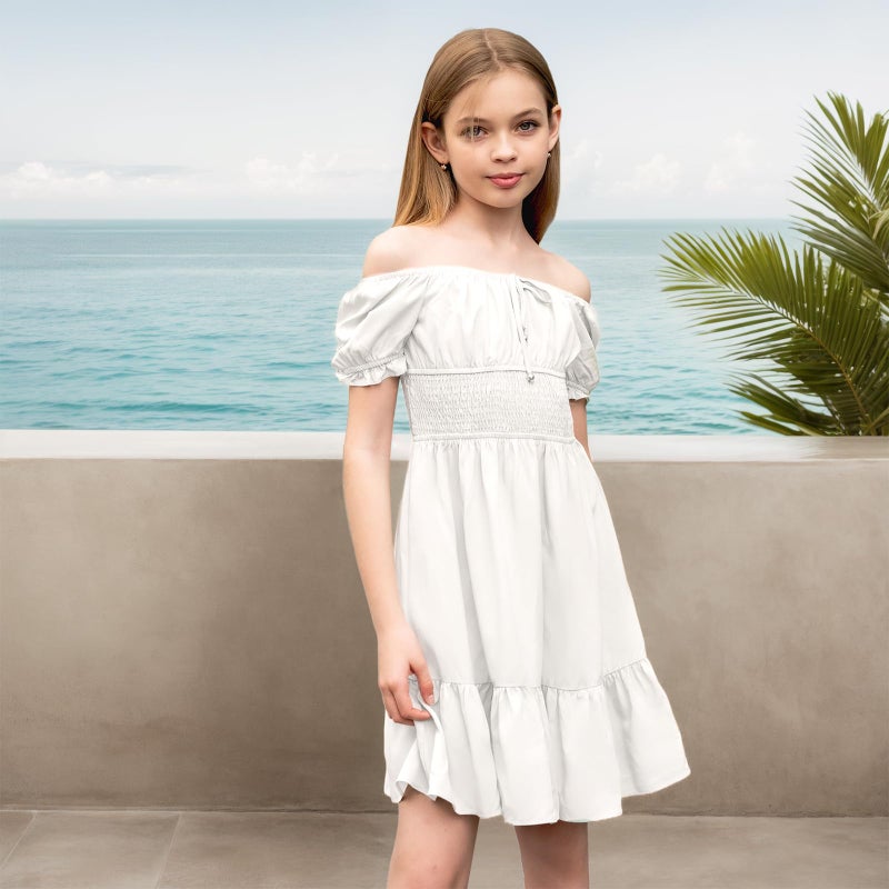 Simplee kids Girls Dresses Off The Shoulder Girl Summer Dress Tween Smocked Ruffle Puff Sleeves Dresses for Kids 4-15 Years White - Image 2