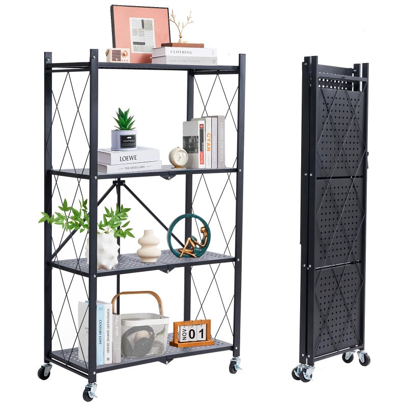 BRIAN  DANY Folding Shelf with Wheels 4 Tiers Foldable Storage Shelves Metal Shelving Unit for Kitchen Living Room 71x 34x 126cm Black