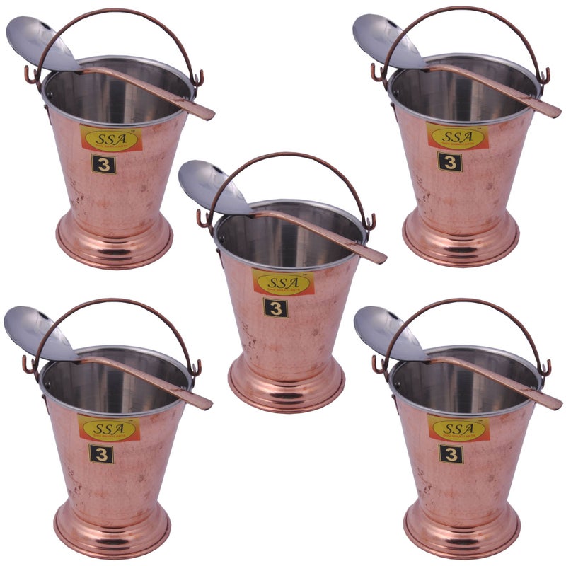 SHIV SHAKTI ARTS SHIV SHAKTI ARTS Handmade Set of 5 Traditional Steel Copper Bucket/Copper Balti Volume 700 ML Each with 5 Serving Spoons  - Image 1