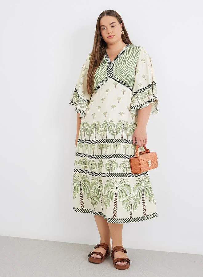 Styli Styli Plus Kaftan Midi Dress with Tropical Print