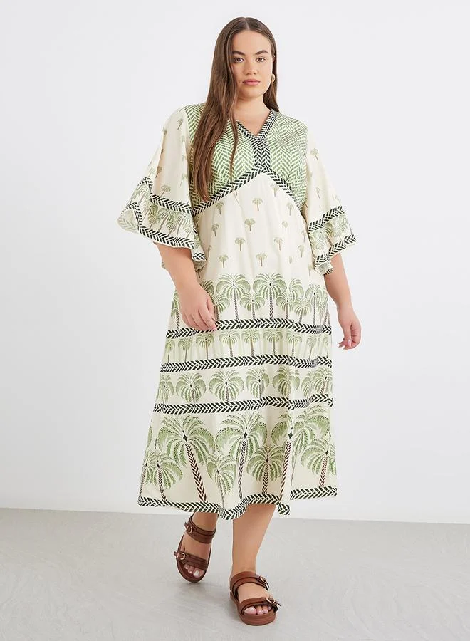 Styli Styli Plus Kaftan Midi Dress with Tropical Print