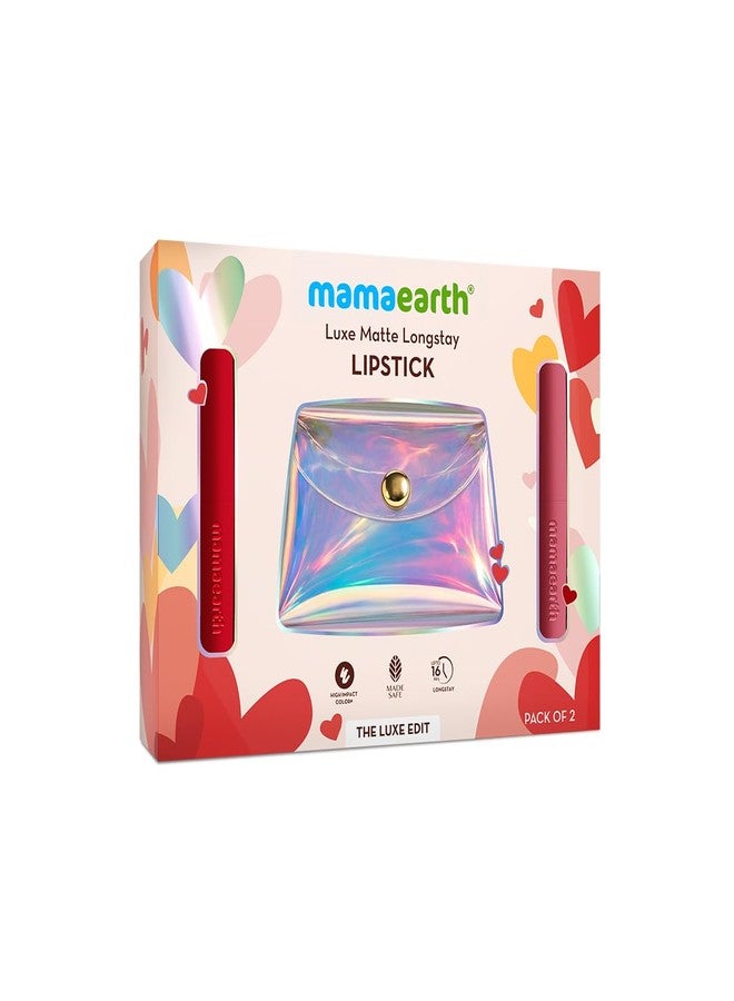 Mamaearth Luxe Matte Longstay Lipstick Pack of 2 - The Luxe Edit |16 hrs* Long Stay | Made Safe Certified | Smudge Proof | Valentine Edit | For Her